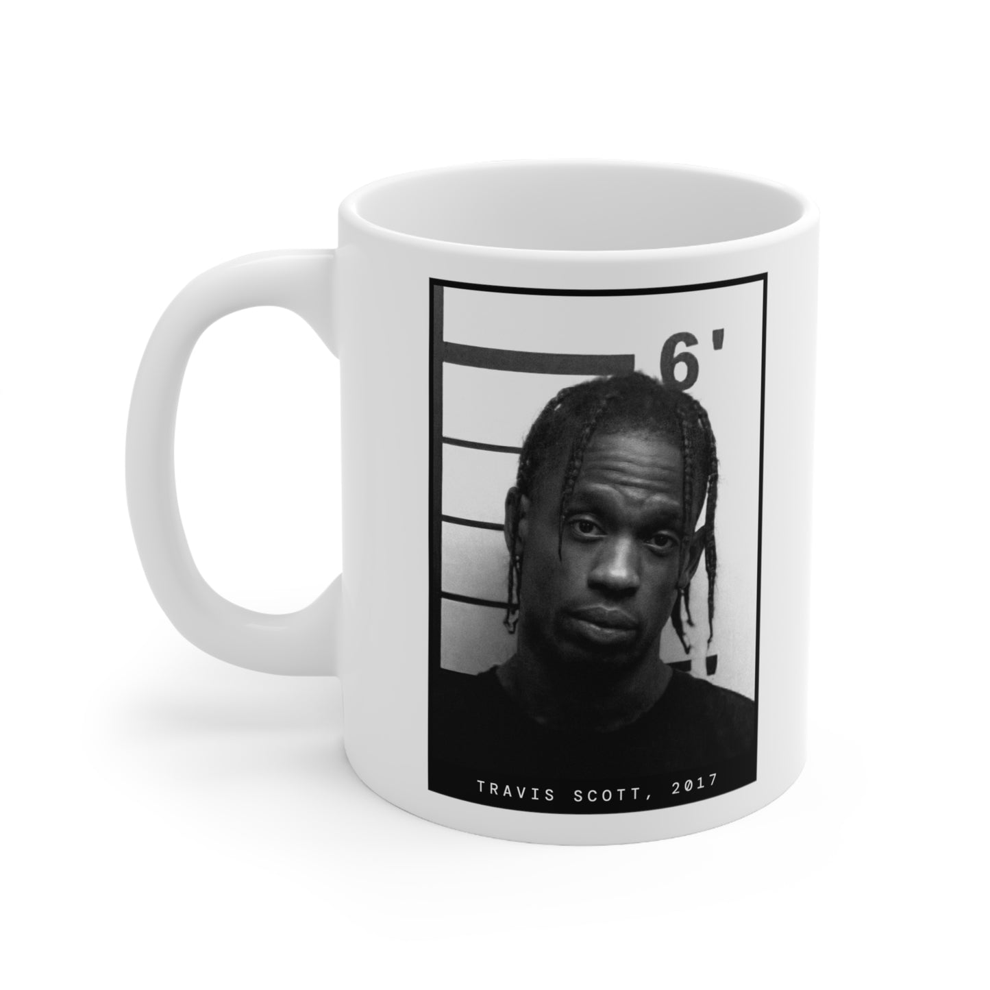 Taza con foto policial del rapero Travis Scott, 2017