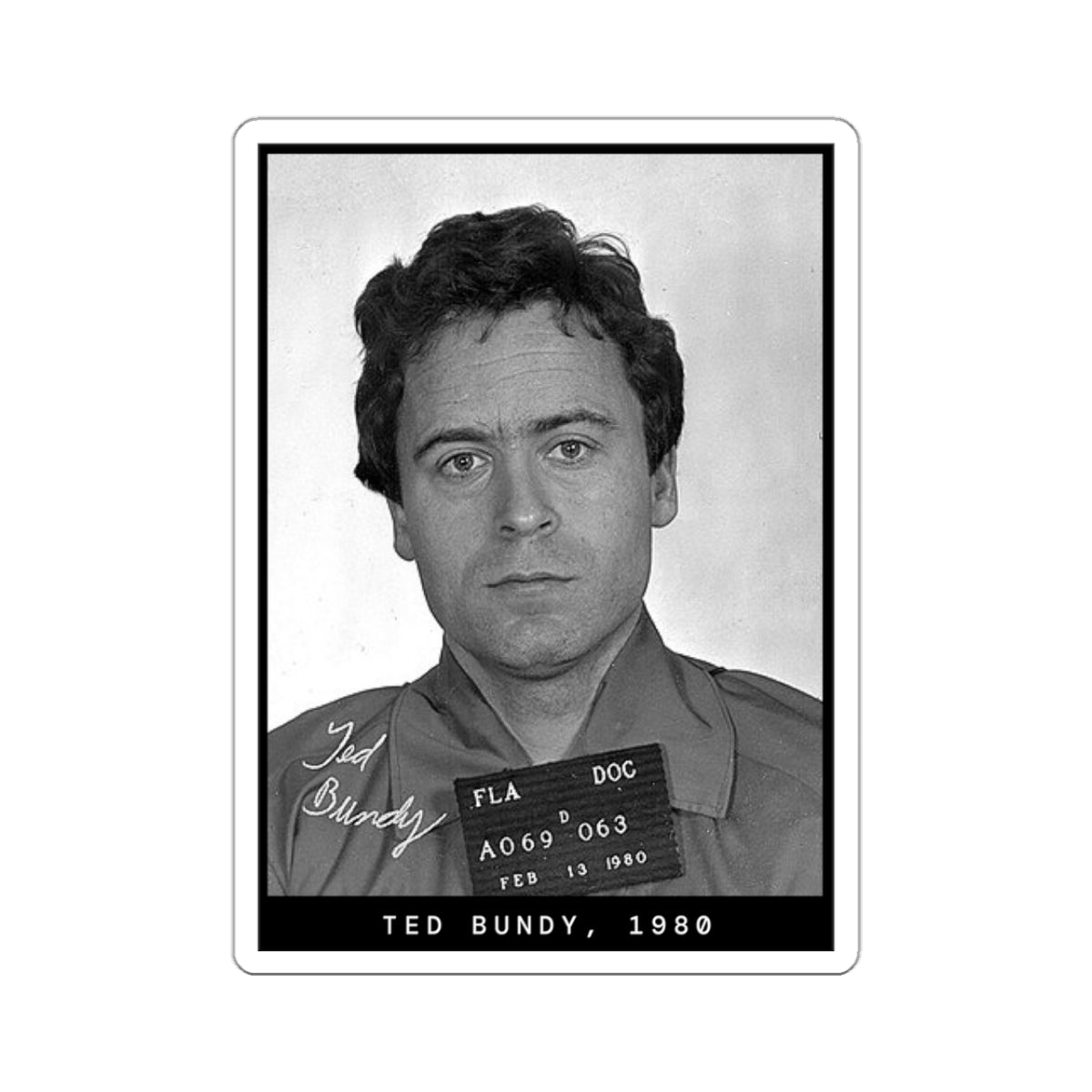 Pegatina con foto policial de Ted Bundy, asesino en serie de 1980