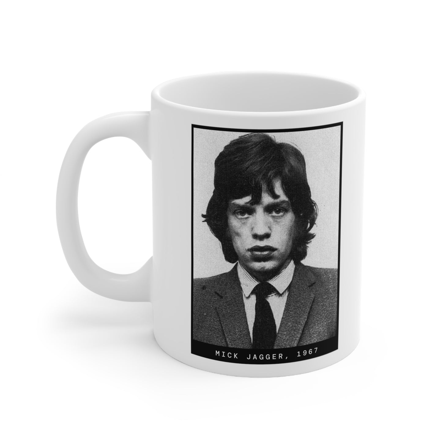 Taza con foto policial del cantante Mick Jagger, 1967